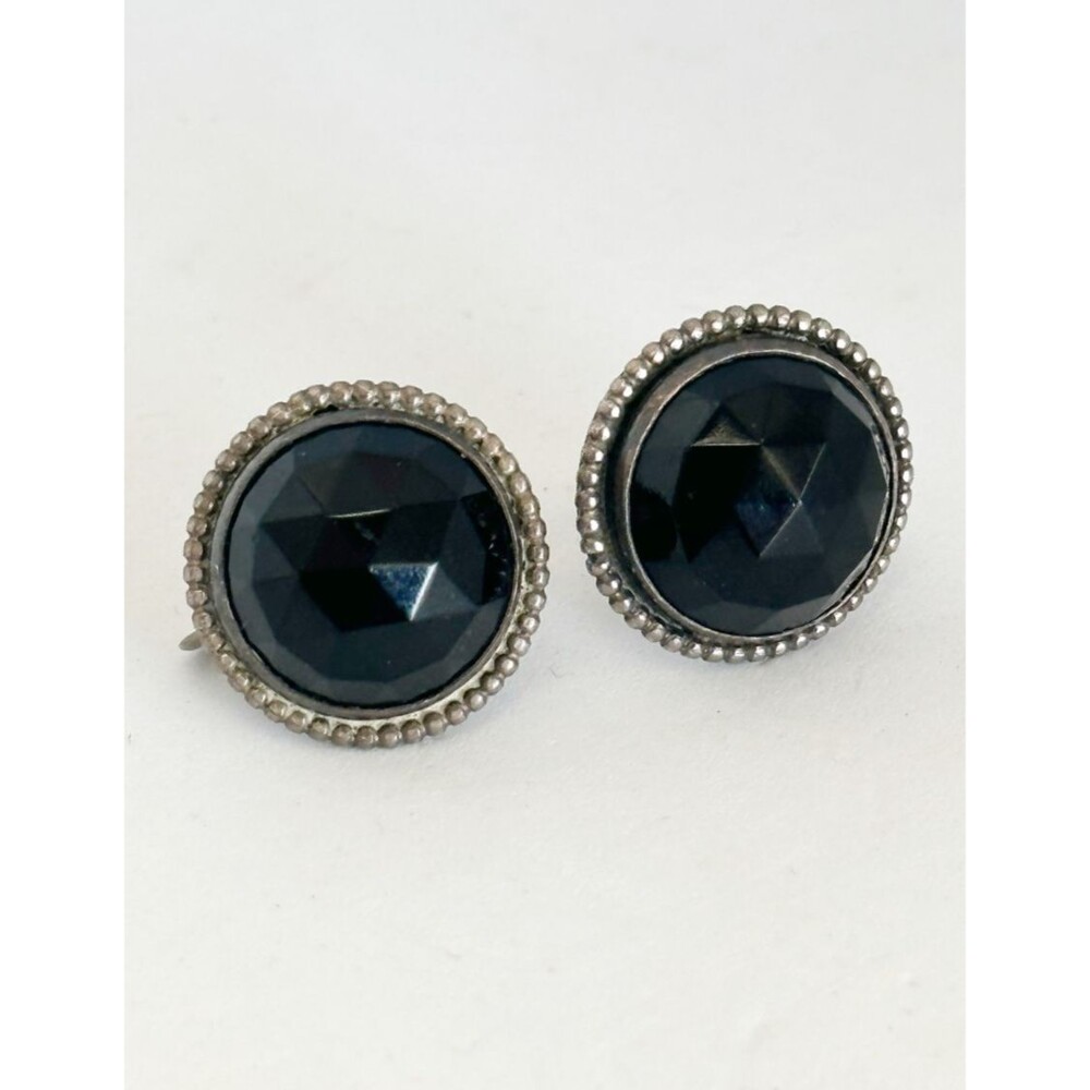 Vintage Sterling Silver Screw Back Earrings Faceted Black Cabochon